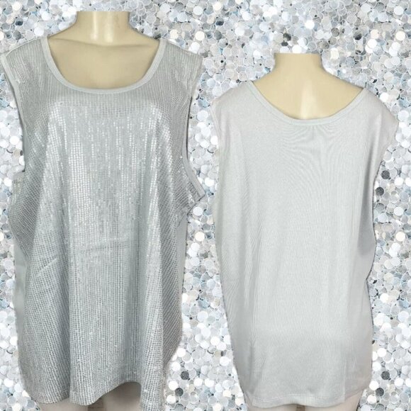 Denim 24/7 Plus 30/32 Gray Silver Sequin Scoop Neck Ribbed Trim Sleeveless Top - Picture 1 of 6